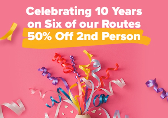 50% Off Second Person On Selected Routes