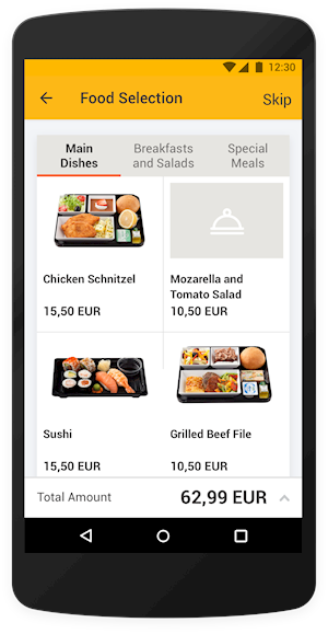 Pegasus Mobile App meal selection
